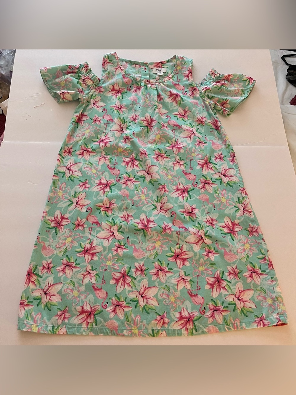 crown & ivy Girls Dress Size 12 Flamingo Floral Pink Green Cotton